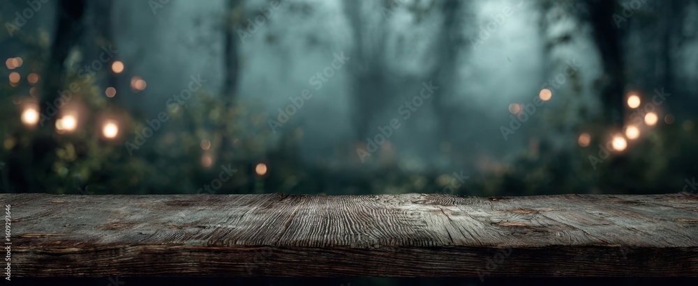 Poster the rustic wooden table with a mystical forest background and ambient lighting.