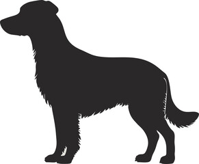A solid black silhouette of a terrier-type dog standing in profile against a light gray background.
