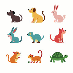 Naklejka premium Colorful flat vector cartoon animal silhouettes collection – cute wild, domestic, aquatic, jungle, fantasy, and forest animals in minimalist kid-friendly style on white background