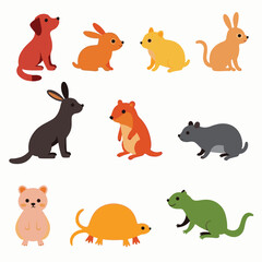 Fototapeta premium Colorful flat vector cartoon animal silhouettes collection – cute wild, domestic, aquatic, jungle, fantasy, and forest animals in minimalist kid-friendly style on white background