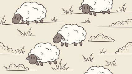 Fototapeta premium Cute cartoon sheep on rolling hills, fluffy bodies, peaceful grazing poses, simple landscape elements, soft beige natural background.