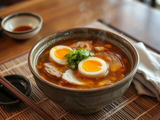 Delicious ramen bowl with soft-boiled eggs, pork, and green onions, steaming hot, copy space
