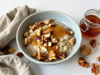 Oatmeal bowl topped with caramel, nuts, and honey, healthy breakfast, copy space