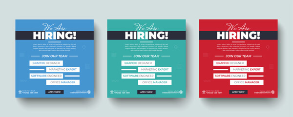 We are hiring job vacancy social media post and square web banner design template. Professional employee hiring announcement social media advertising post banner layout template design.