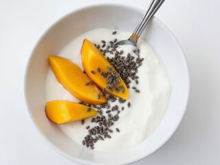 Fresh mango slices with chia seeds in yogurt bowl, healthy dessert, copy space