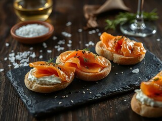 Tasty smoked salmon canapés with cream cheese on dark slate, elegant presentation, copy space
