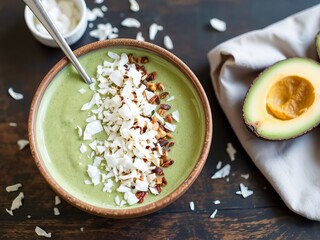 Green smoothie bowl topped with coconut flakes and nuts, healthy dessert, copy space
