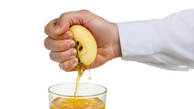 A man's hand squeezing fresh apple juice into a glass from a half-cut apple on transparent background. Healthy food concept.
