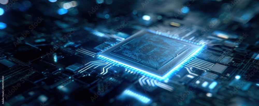 Poster the futuristic microchip illuminated on a high-tech circuit board.