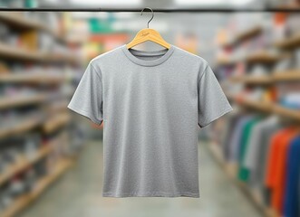 Grey t-shirt hanging on wooden hanger in store.