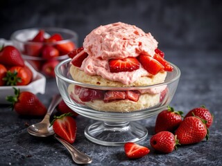 Delicious strawberry shortcake with whipped cream and fresh strawberries, dessert, copy space