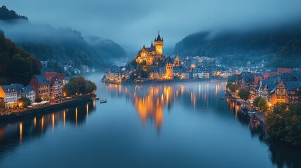 Cochem Imperial Castle,Moselle River in Germany, The island is perfectly situated on the calm waters of a surrounding lake