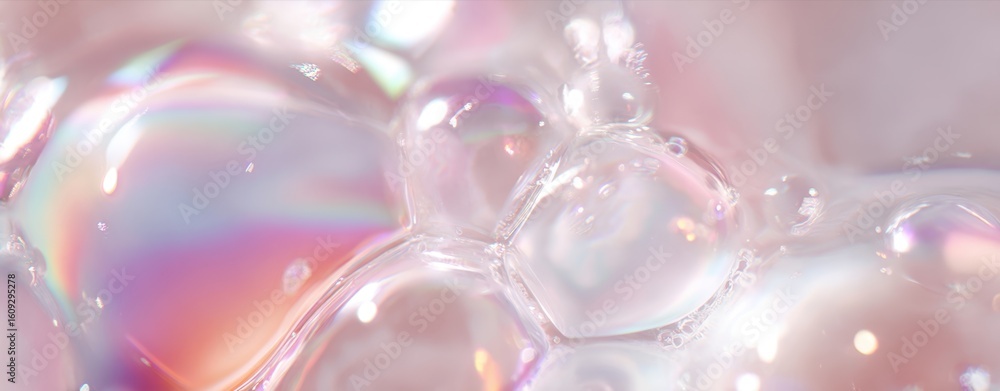 Poster the iridescent bubbles creating a dreamy and abstract composition in soft colors.