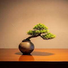 A small bonsai tree in a rustic vase on a polished wooden table, with a painted beige wall in the minimal background. The scene is lit by warm, incandescent light, highlighting the natural textures.
