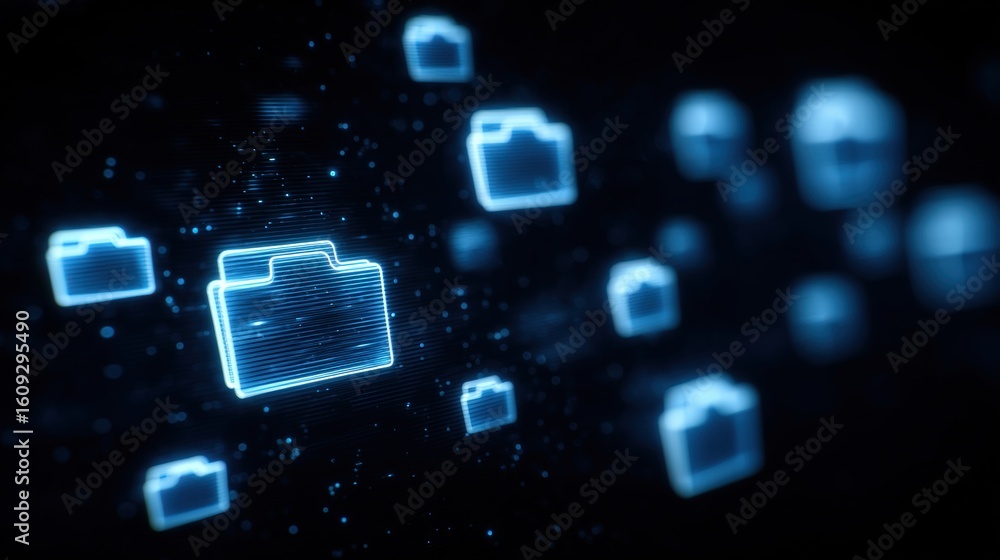 Poster abstract network grid with files and folders, futuristic software interface, digital document manage