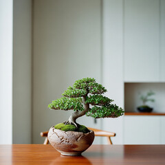 A small bonsai tree in a rustic vase on a polished wooden table, with a minimal light wall in the minimal home background