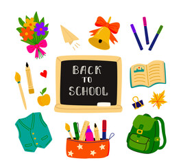Vector collection of school-themed elements: chalkboard, pencil case, flowers, backpack, apple, books, bell. Colorful flat hand-drawn style. Ideal for banners, posters, apps, and kid projects.