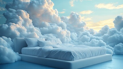 Dreamy bed surrounded by fluffy clouds. A good dream concept