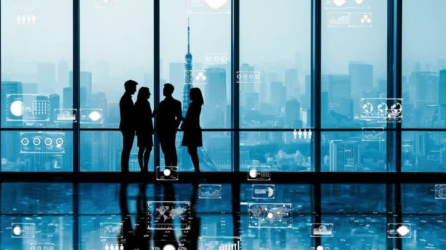 Intelligent office collaboration in future skyline, professionals exchanging ideas with interactive visual data panels, Tokyo background