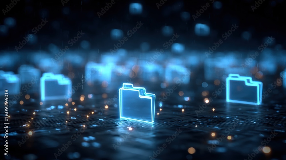 Poster abstract network grid with files and folders, futuristic software interface, digital document manage
