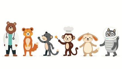 Fototapeta premium Colorful flat vector cartoon animal silhouettes collection – cute wild, domestic, aquatic, jungle, fantasy, and forest animals in minimalist kid-friendly style on white background