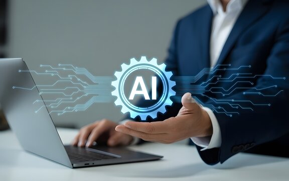 Businessman presenting artificial intelligence technology with digital circuit image