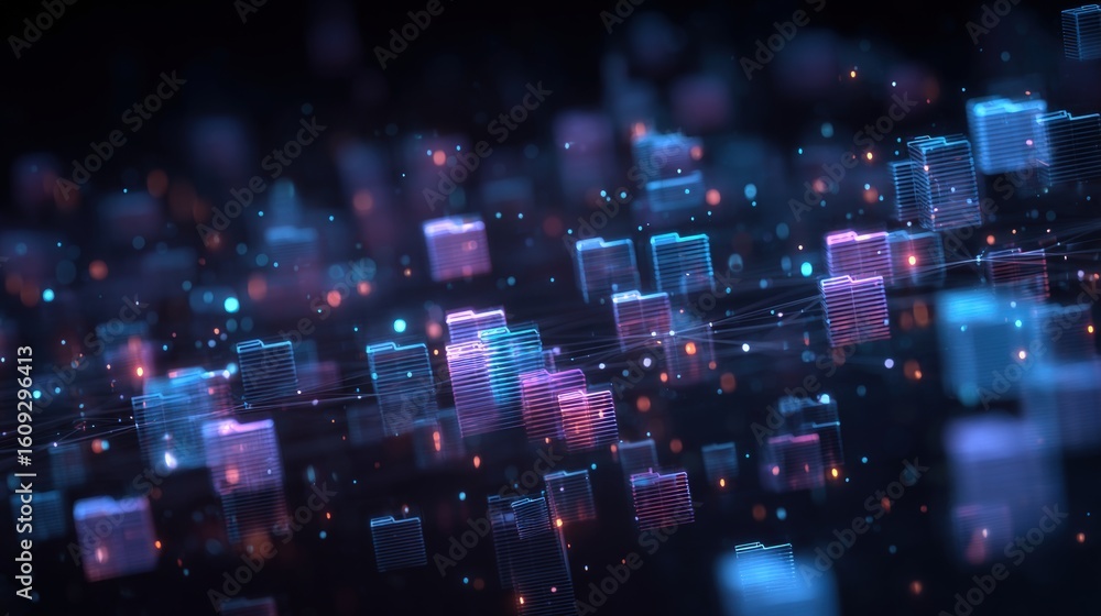 Poster abstract network grid with files and folders, futuristic software interface, digital document manage