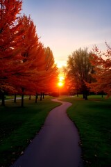 Sunset in the park. A path in a park with trees and a sunset in the background. The trees are red and the sky is blue. 