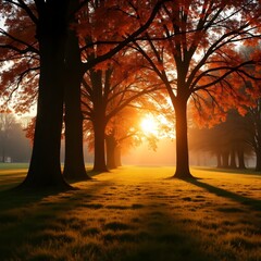 A beautiful autumn day with a sun shining on a field of trees.