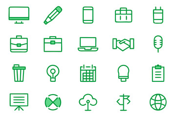 Modern business technology line graphics collection featuring computer and communication elements in a professional color palette for digital applications