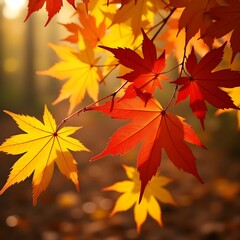 Autumn maple leaves. A close up of a tree branch with yellow and orange leaves. 