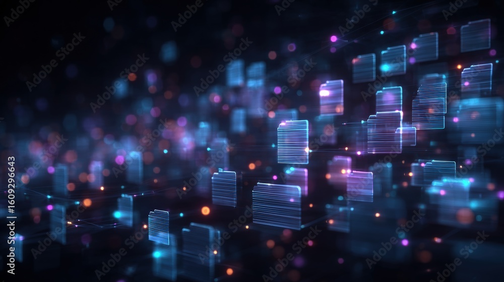 Poster abstract network grid with files and folders, futuristic software interface, digital document manage