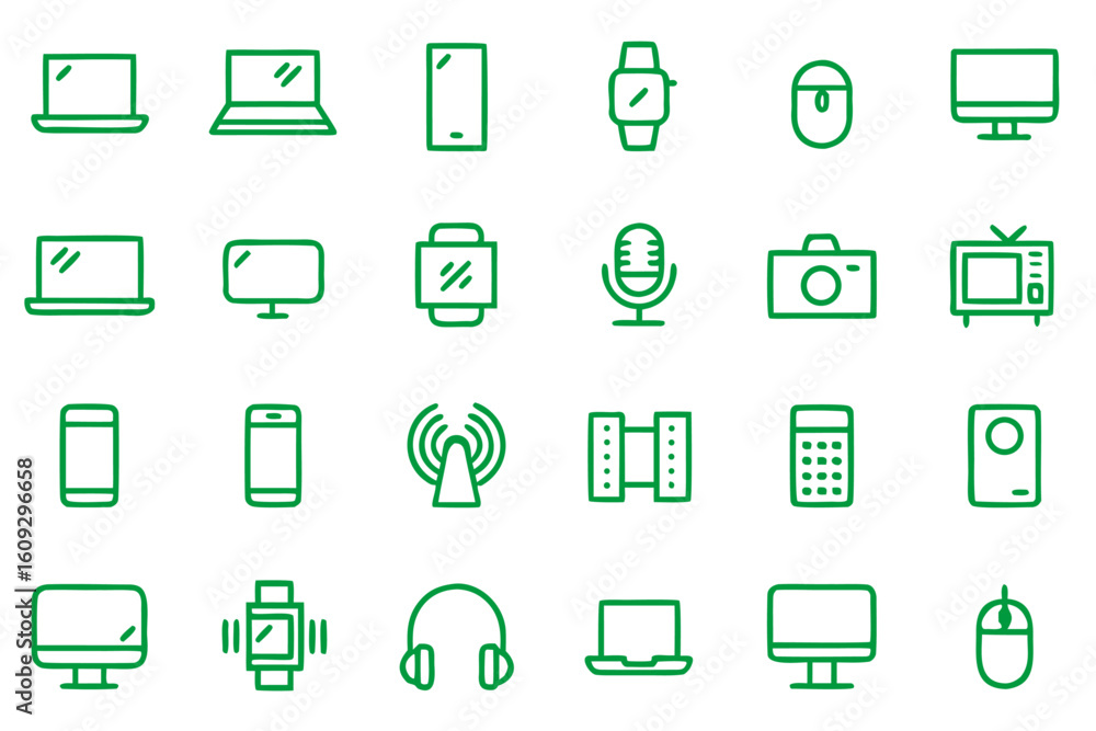 Poster collection of contemporary digital technology and computing concepts presented as clean modern outli