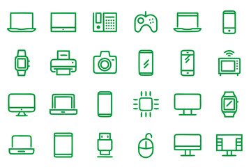 Modern digital technology and computer science concepts presented as clean minimalist line art graphic elements for creative projects and web design