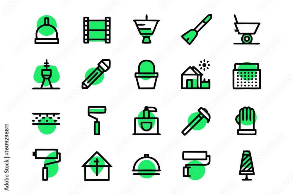 Poster collection of outline graphics for building and home improvement projects showcasing tools and struc