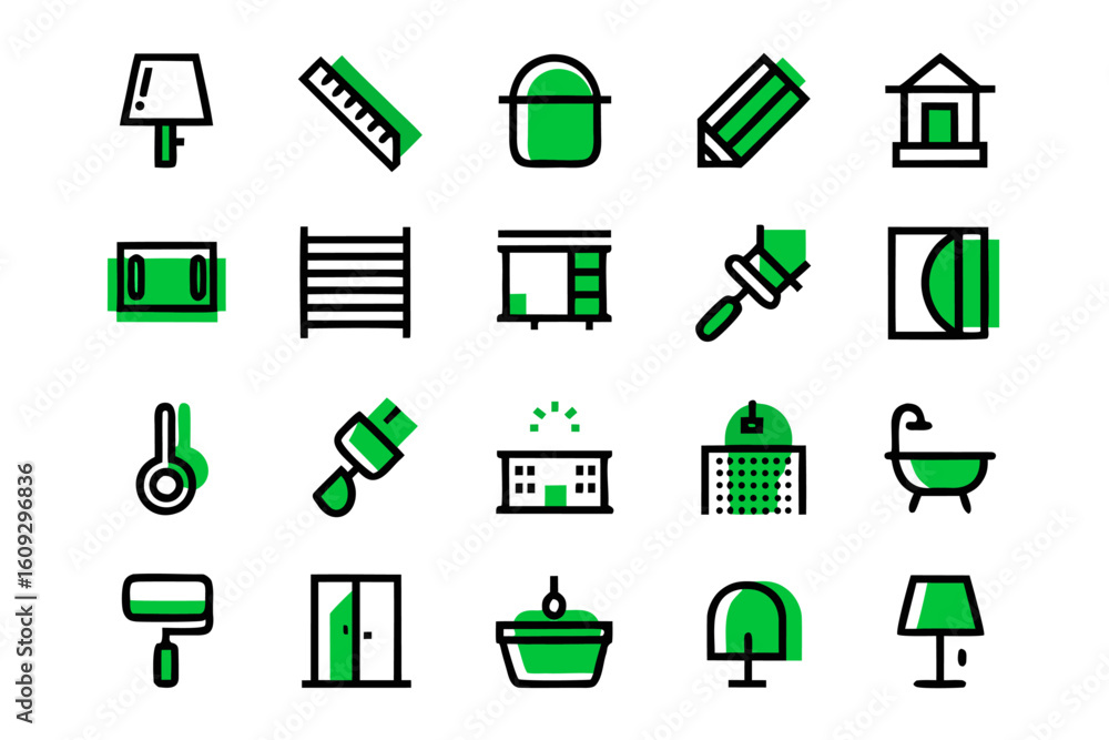 Poster a comprehensive collection of clean line art symbols representing various aspects of building repair