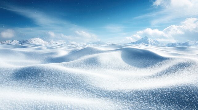 Snowy, undulating plains under a vibrant blue sky
