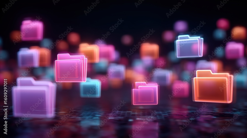 Poster abstract network grid with files and folders, futuristic software interface, digital document manage
