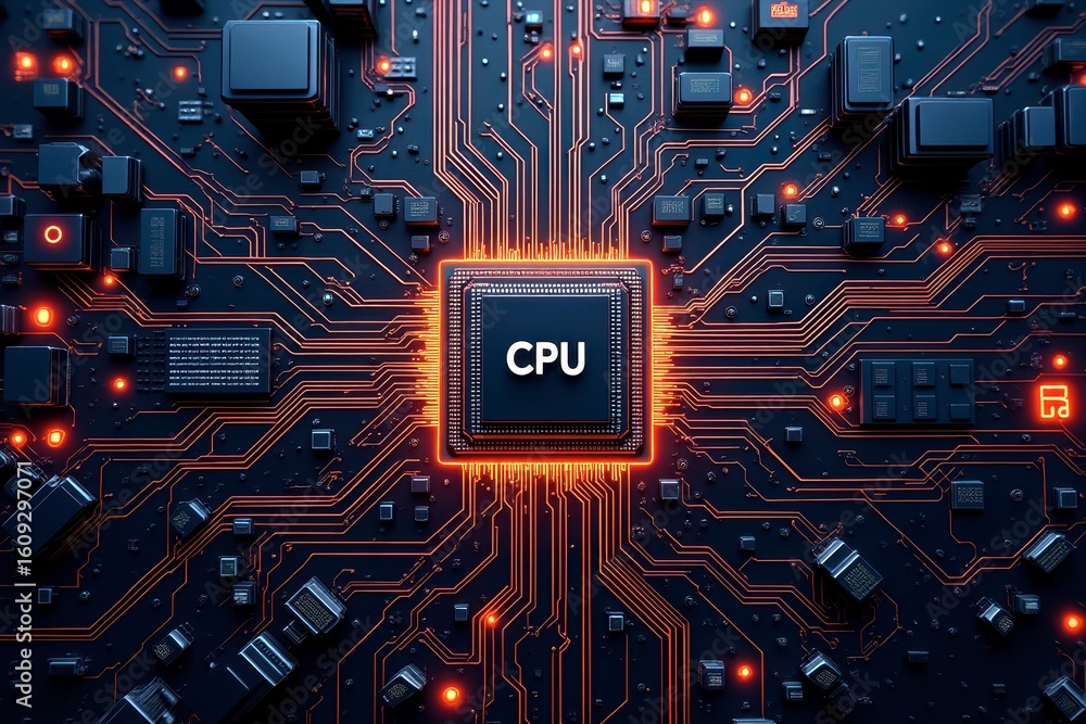Poster x-default close-up of cpu on motherboard with glowing circuits