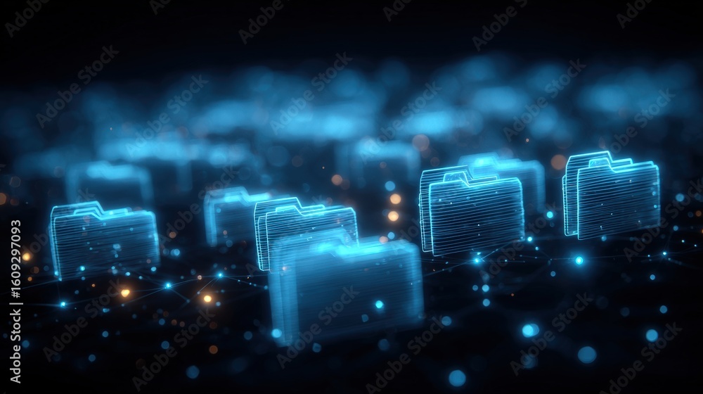 Poster abstract network grid with files and folders, futuristic software interface, digital document manage
