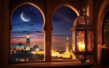 Islamic city skyline with crescent moon and ornate lantern image