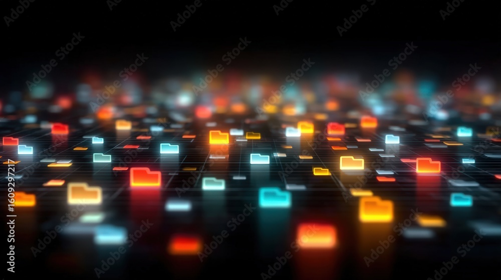 Poster abstract network grid with files and folders, futuristic software interface, digital document manage