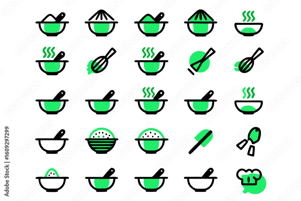 Poster collection of culinary themed outline graphics featuring kitchen utensils and food preparation eleme