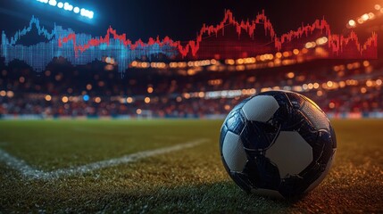 Soccer ball on field, market graph overlay