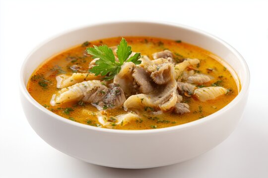 Delicious ciorb de burt served in a white bowl showcasing the rich flavors of traditional Romanian tripe soup prepared with fresh ingredients and herbs