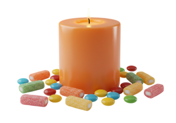 A Lit Orange Candle Surrounded by Colorful Candies