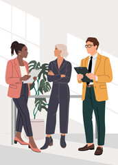Different business team members standing, talking, communicating, taking part in business activities, casual meeting, brainstorming in modern office interior. Flat vector illustration