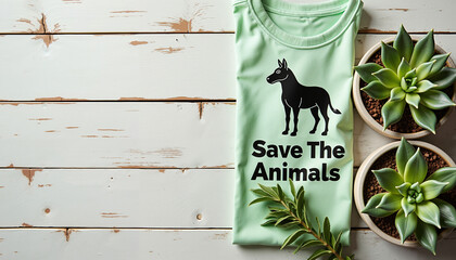 T-shirt with 'Save the Animals' slogan and potted succulents on wood  