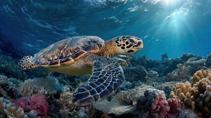 Fototapeta premium Hawksbill Sea Turtle Gracefully Swimming in a Vibrant Coral Reef Ecosystem