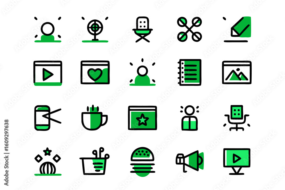Poster comprehensive collection of modern line art symbols representing various aspects of professional wri